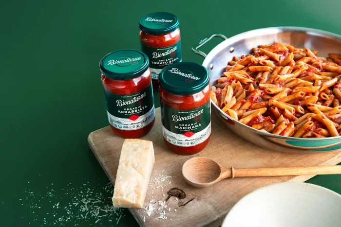 bionaturae organic pasta sauce with pasta next to it.